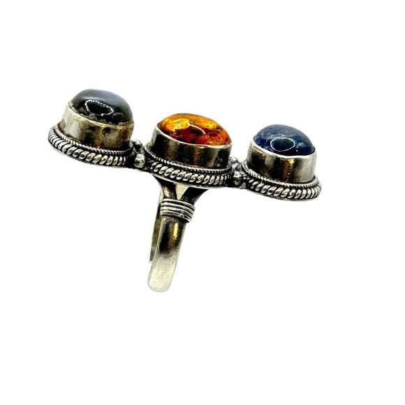 Sterling Silver Lapis Lazuli Amber Labradorite Ring Size 7.5 Large Statement - Picture 7 of 10